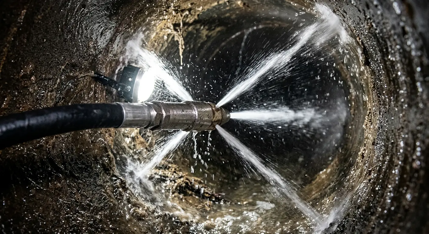 High-pressure hydro jetting nozzle cleaning sewer pipe for Emergency Drain Service in Martins Ferry