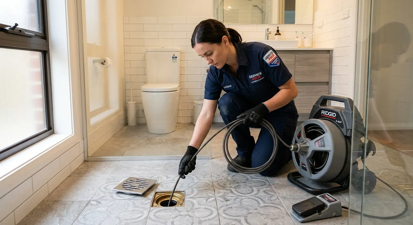 Technician clearing a bathroom floor drain for Sewer Line Installation in Martins Ferry